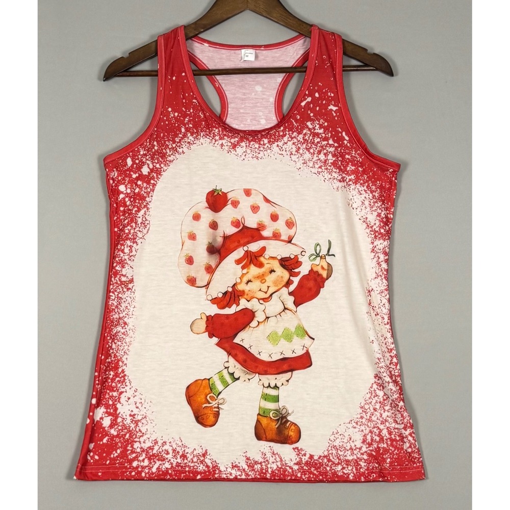 Strawberry Shortcake Graphic Racerback Tank Women Size Medium Red Y2K Splatter